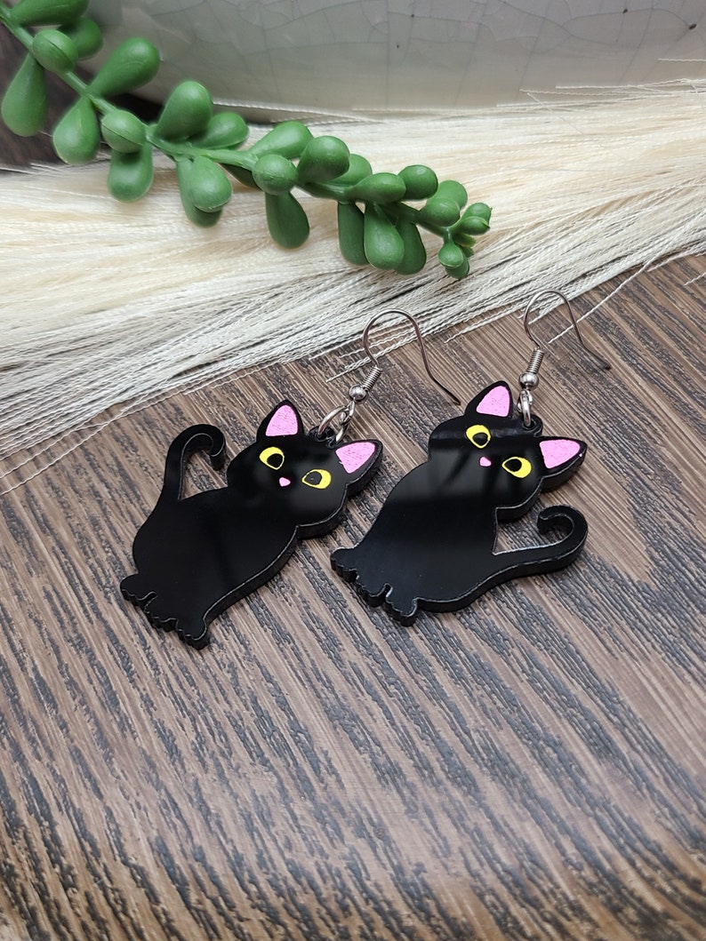 BLACK CAT ACRYLIC Earrings Cat Mom Cat Jewelry Handmade Laser Cut Cat Earrings Cat Themed Cat Lover Birthday Gifts Cute Cool Earrings image 7