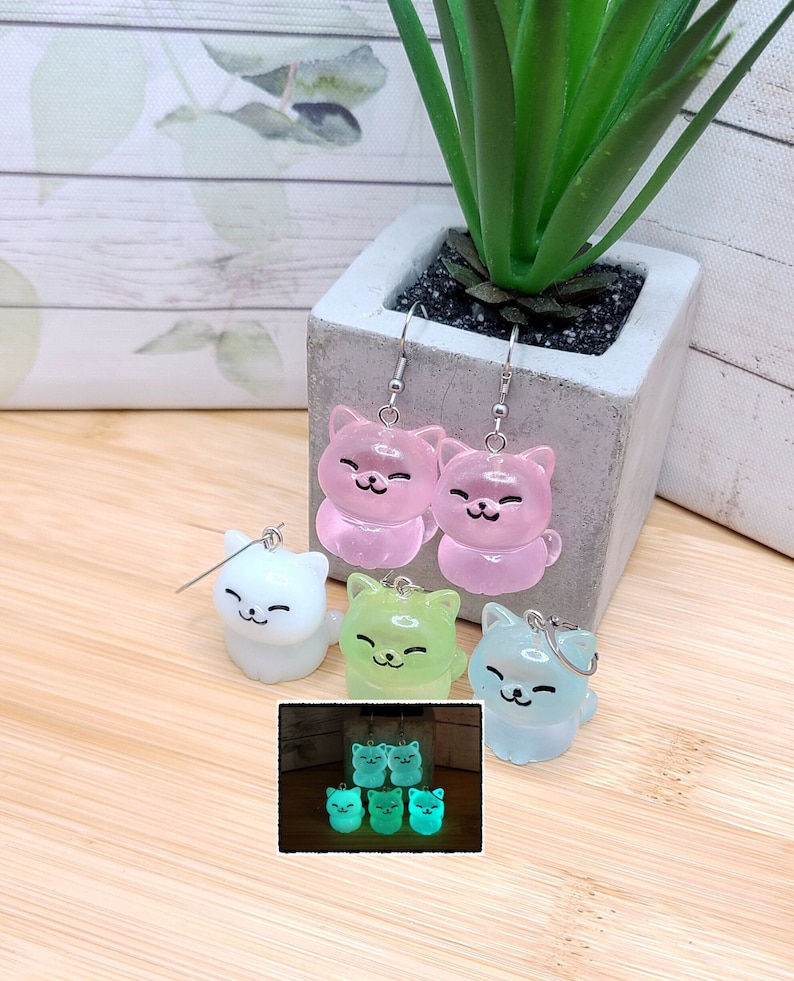 GLOW IN THE Dark Cat Earrings Cat Lover Gift Fat Cat Mismatched Earrings Funky Kawaii Resin Earrings Novelty Cute Cat Earrings image 1