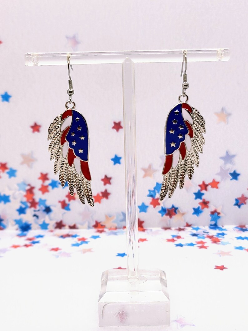 AMERICAN FLAG WING Earrings Patriotic 4th of July Earrings Red White and Blue Colorful Earrings Cute Novelty Earrings for Memorial Day image 6