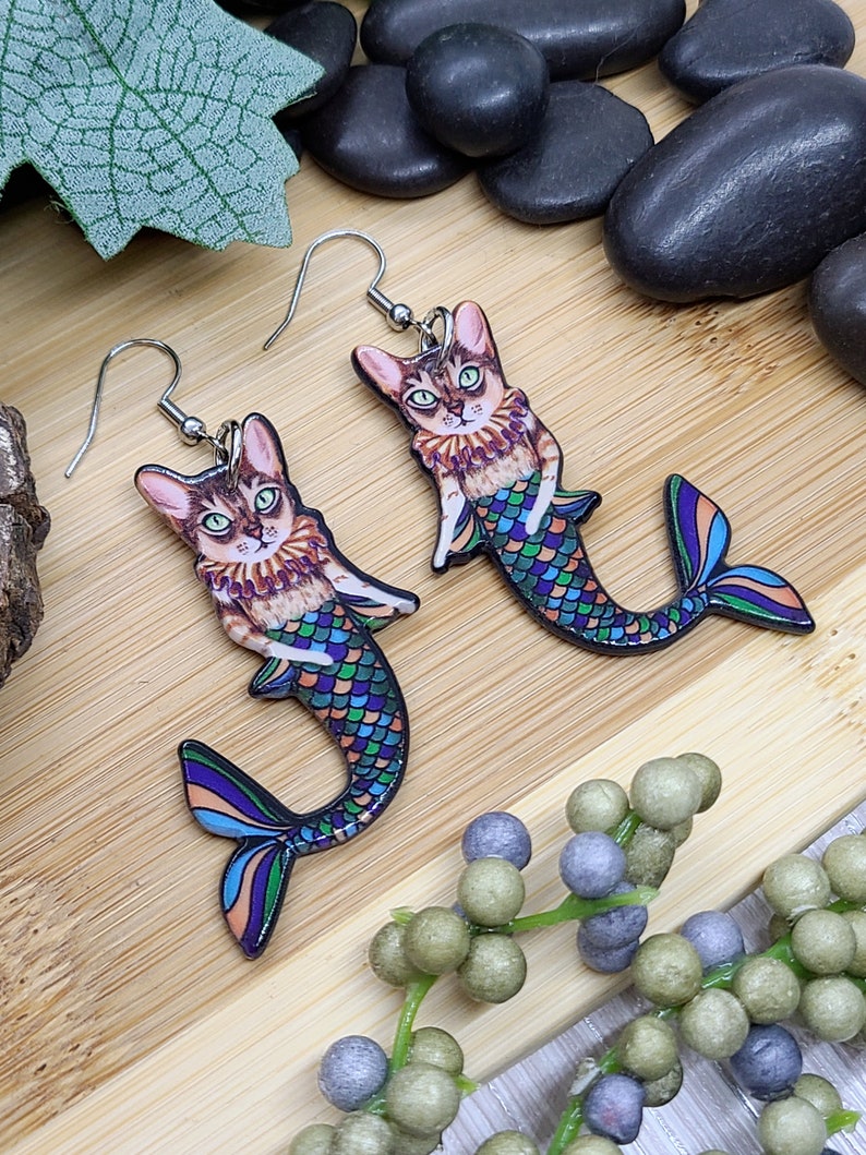 TABBY CAT MERMAID Earrings Weird Cat Earrings For Cat Mom Best Friend Gift Quirky Cat Mermaid Acrylic Earrings Fun Earrings Cat Jewelry image 4