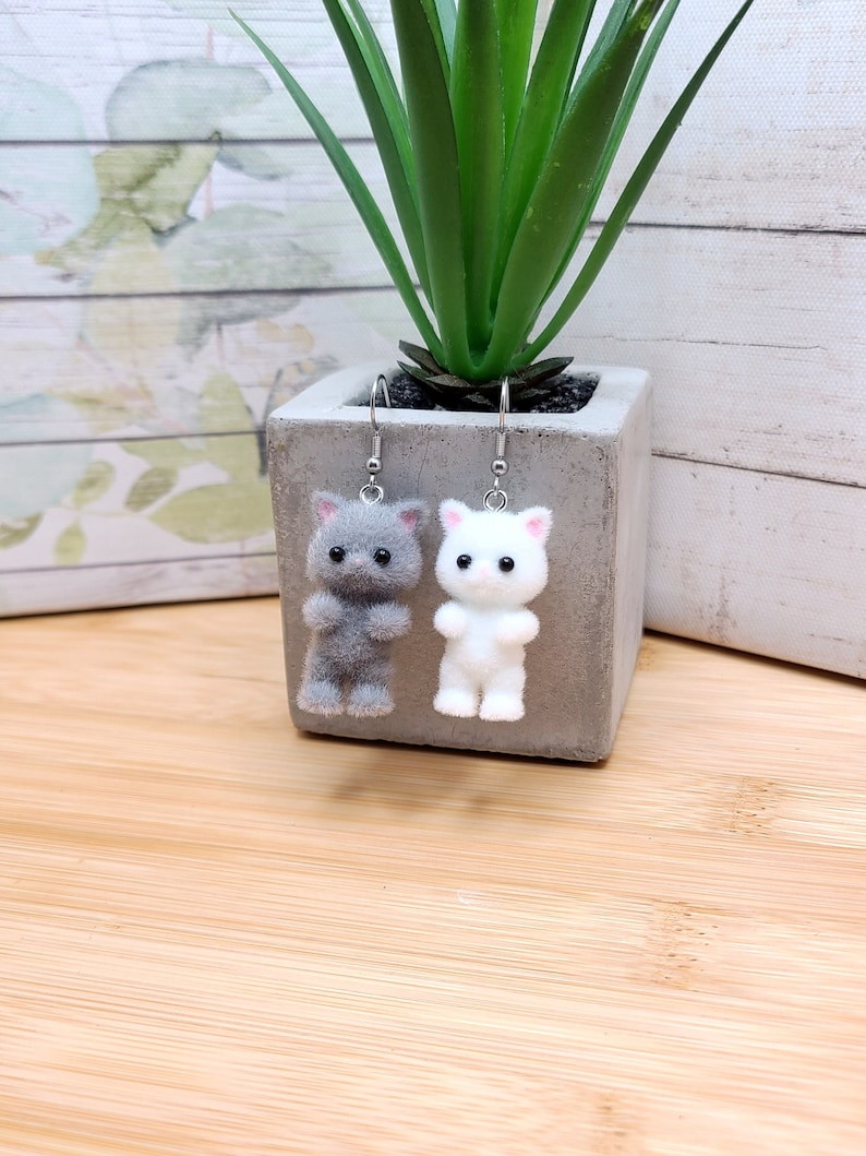GREY CAT KAWAII Earrings Gifts Under 20 For Cat Lover Whimsical Flocked Mismatched Earrings Cat Mom Cat Jewelry Funky Cute Cat Earring image 1