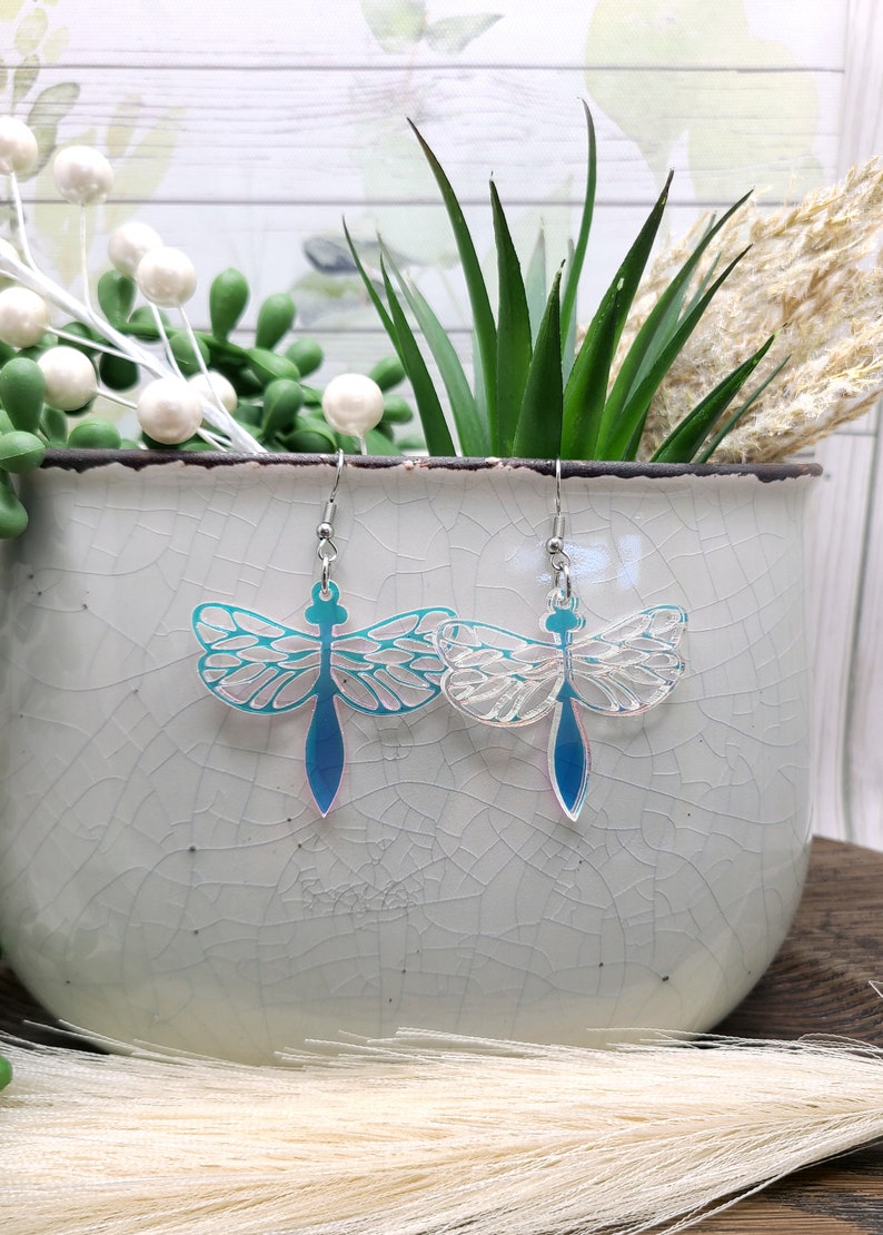 LASER CUT DRAGONFLY Earrings Iridescent Whimsical Earrings for Birthday Gifts Cool Acrylic Bug Earrings Funky Colorful Earrings image 3