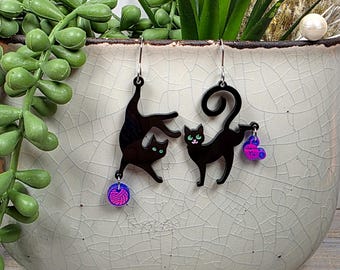 BLACK CAT FUNNY Earrings Cat Mom Cat Lover Gift | Funky Mismatched Cat Earrings | Cat Themed Gifts For Her | Cool Unique Earrings