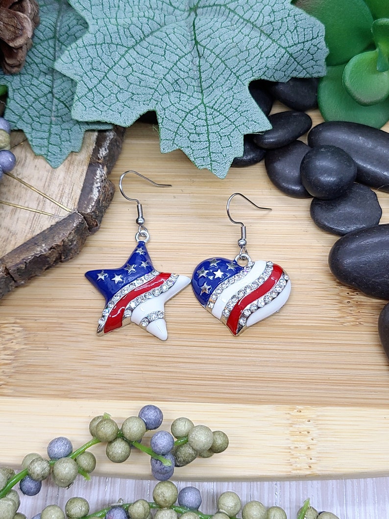 RED WHITE AND Blue Patriotic Earrings Heart or Star American Flag Earrings Colorful Memorial Day Earrings 4th Of July Fun Earrings image 1