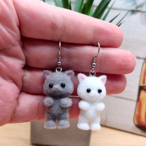 GREY CAT KAWAII Earrings Gifts Under 20 For Cat Lover Whimsical Flocked Mismatched Earrings Cat Mom Cat Jewelry Funky Cute Cat Earring image 5