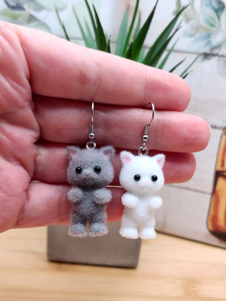 GREY CAT KAWAII Earrings Gifts Under 20 For Cat Lover Whimsical Flocked Mismatched Earrings Cat Mom Cat Jewelry Funky Cute Cat Earring image 5