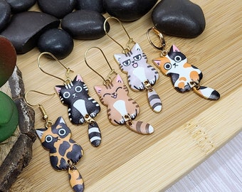 KAWAII CAT DANGLE Earrings Calico Tortoiseshell Cat Earrings For Cat Mom | Whimsical Mismatched Fun Earrings For Cat Lover Birthday Gift