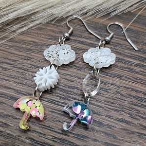 RAIN DROP CLOUD Earrings Whimsical Stacked Umbrella Earrings Colorful Dainty Spring Earrings Mismatched Weather Earrings Birthday Gifts image 3