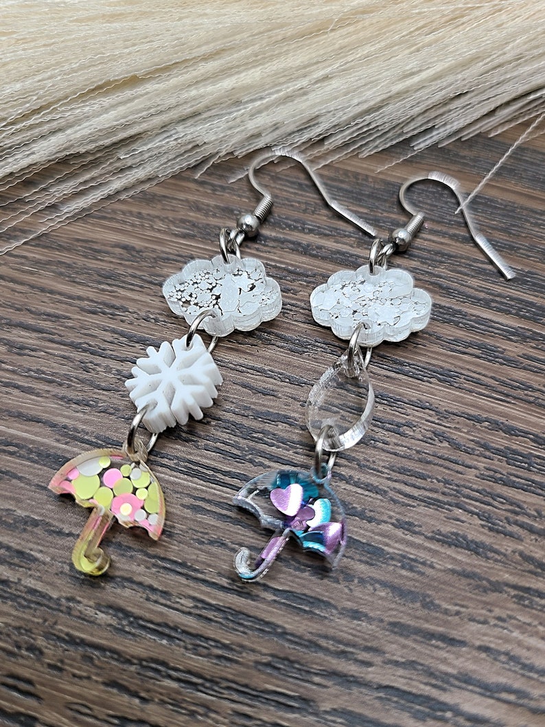 RAIN DROP CLOUD Earrings Whimsical Stacked Umbrella Earrings Colorful Dainty Spring Earrings Mismatched Weather Earrings Birthday Gifts image 3