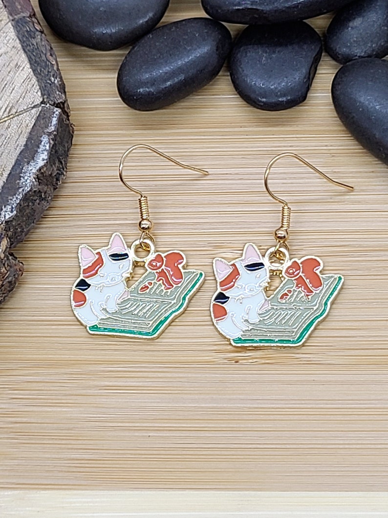 CUTE CAT BOOK Earrings for Cat Mom Birthday Gift Whimsical Mismatched Calico Cat Earrings Fun Teacher Earrings Best Friend Gift image 5