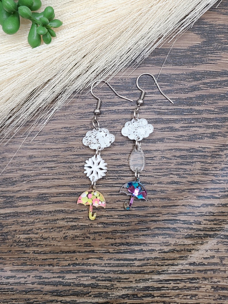 RAIN DROP CLOUD Earrings Whimsical Stacked Umbrella Earrings Colorful Dainty Spring Earrings Mismatched Weather Earrings Birthday Gifts image 6