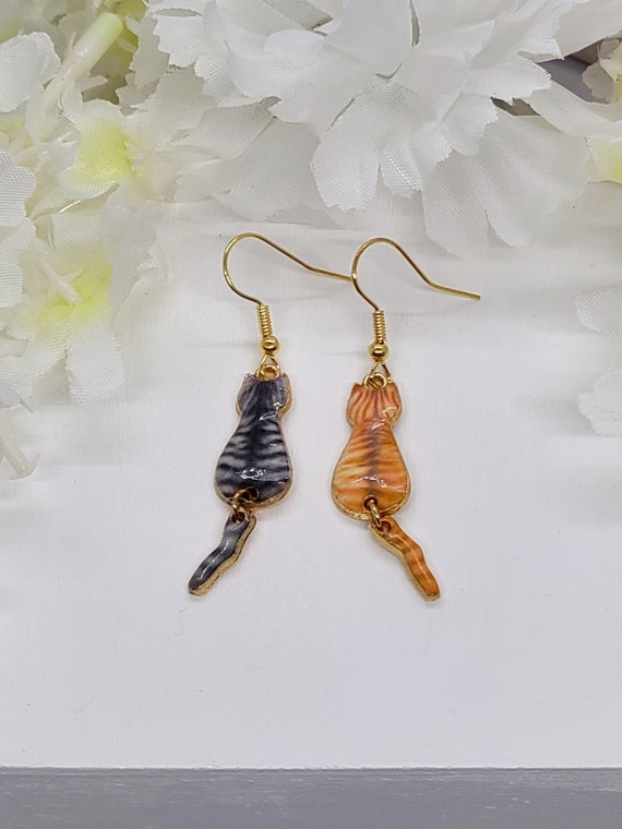 ORANGE CAT DANGLE Earrings For Cat Mom | Cute Gray Cat Earrings For Cat Lady | Best Friend Gift | Calico Cat Black Cat Earrings
