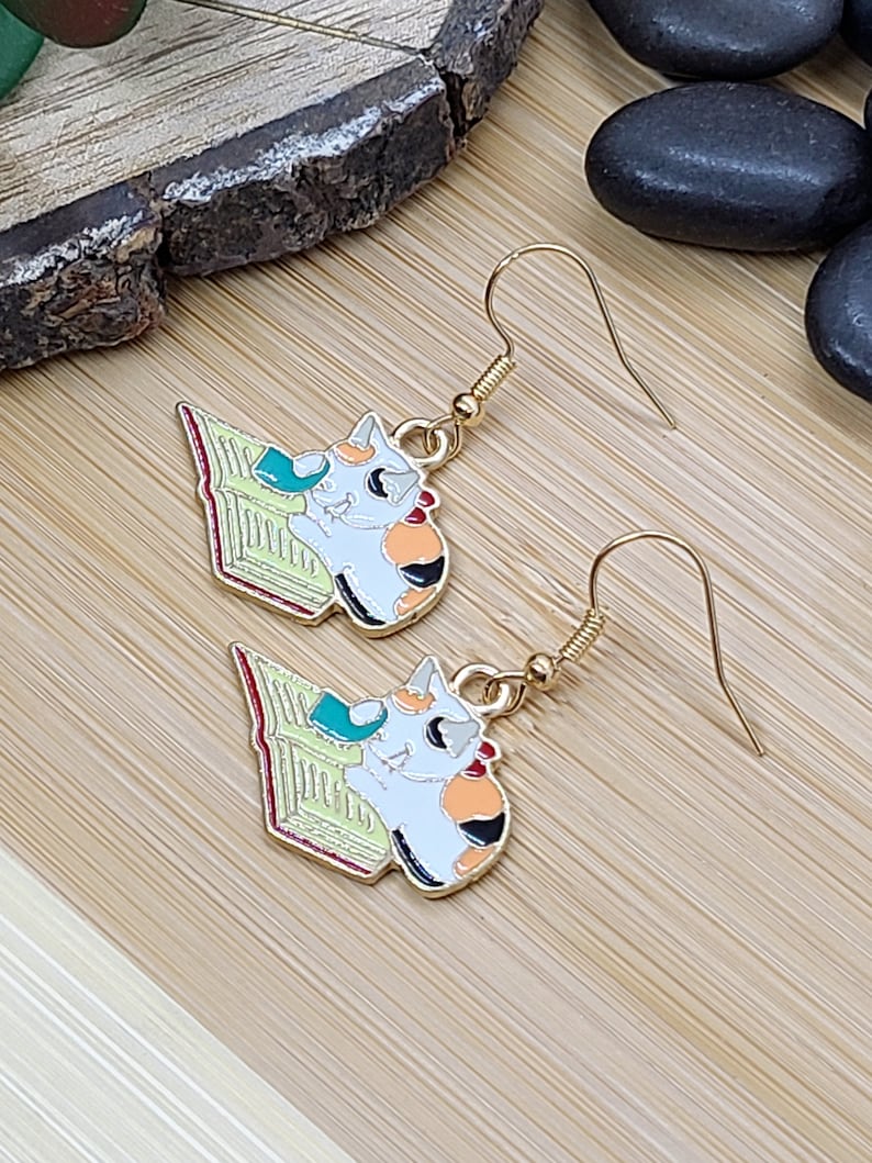 CUTE CAT BOOK Earrings for Cat Mom Birthday Gift Whimsical Mismatched Calico Cat Earrings Fun Teacher Earrings Best Friend Gift Hook