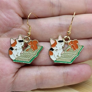 CUTE CAT BOOK Earrings for Cat Mom Birthday Gift Whimsical Mismatched Calico Cat Earrings Fun Teacher Earrings Best Friend Gift image 8