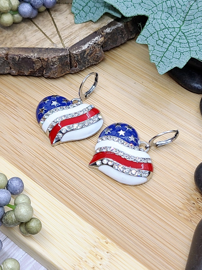 RED WHITE AND Blue Patriotic Earrings Heart or Star American Flag Earrings Colorful Memorial Day Earrings 4th Of July Fun Earrings image 7