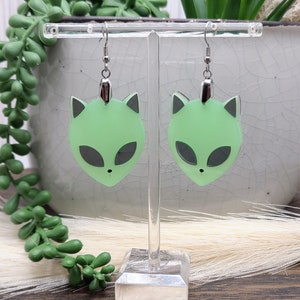 GLOW IN THE Dark Alien Cat Earrings Weird Acrylic Laser Cut Earrings Funky Ufo Space Earrings Quirky Halloween Earrings Cat Jewelry image 8