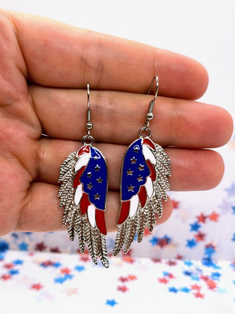 AMERICAN FLAG WING Earrings Patriotic 4th of July Earrings Red White and Blue Colorful Earrings Cute Novelty Earrings for Memorial Day image 3