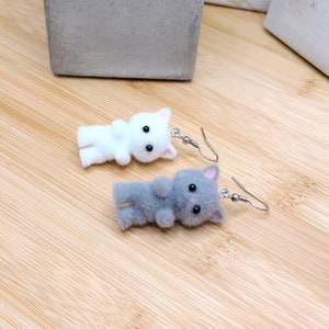 GREY CAT KAWAII Earrings Gifts Under 20 For Cat Lover Whimsical Flocked Mismatched Earrings Cat Mom Cat Jewelry Funky Cute Cat Earring image 3