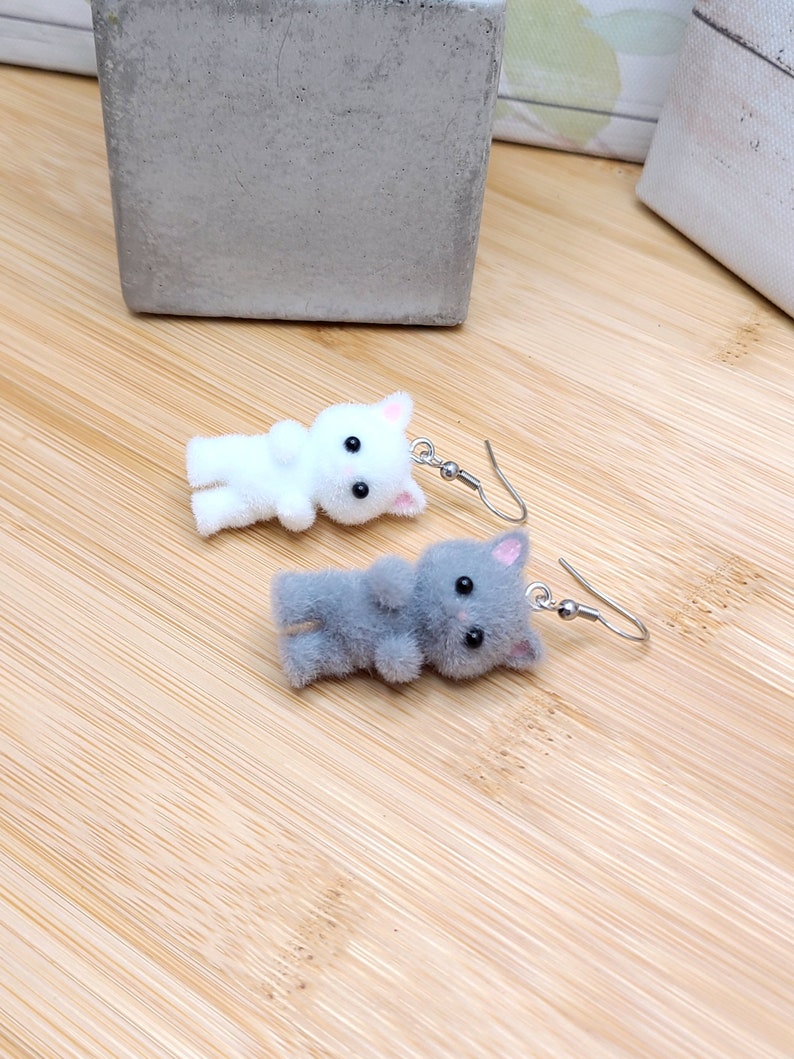 GREY CAT KAWAII Earrings Gifts Under 20 For Cat Lover Whimsical Flocked Mismatched Earrings Cat Mom Cat Jewelry Funky Cute Cat Earring image 3