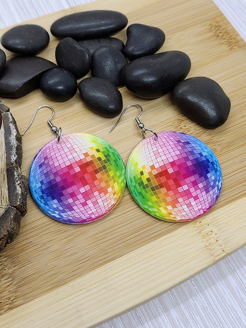 DISCO BALL RAINBOW Earrings Big Acrylic Colorful Earrings Fun Disco Ball Earrings For Best Friend Birthday Gift Cool Disco Earrings image 4