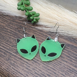 GLOW IN THE Dark Alien Cat Earrings Weird Acrylic Laser Cut Earrings Funky Ufo Space Earrings Quirky Halloween Earrings Cat Jewelry image 7