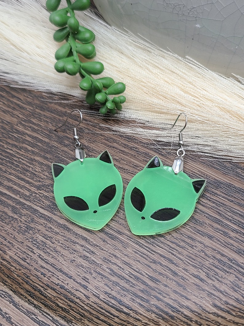 GLOW IN THE Dark Alien Cat Earrings Weird Acrylic Laser Cut Earrings Funky Ufo Space Earrings Quirky Halloween Earrings Cat Jewelry image 7