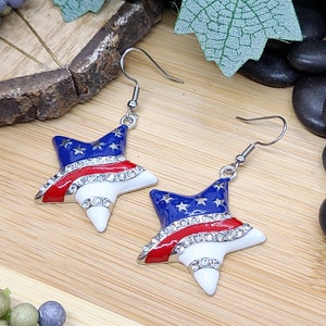 RED WHITE AND Blue Patriotic Earrings Heart or Star American Flag Earrings Colorful Memorial Day Earrings 4th Of July Fun Earrings image 3