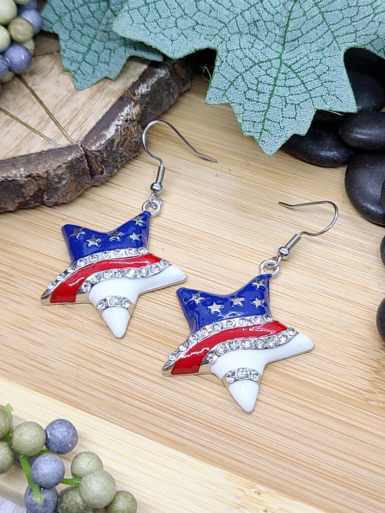 RED WHITE AND Blue Patriotic Earrings Heart or Star American Flag Earrings Colorful Memorial Day Earrings 4th Of July Fun Earrings image 3