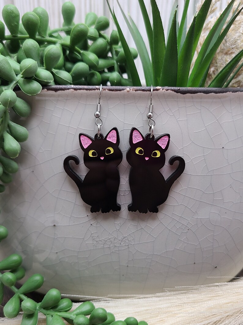 BLACK CAT ACRYLIC Earrings Cat Mom Cat Jewelry Handmade Laser Cut Cat Earrings Cat Themed Cat Lover Birthday Gifts Cute Cool Earrings image 2