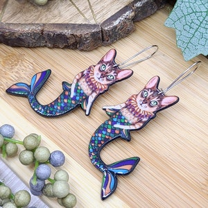 TABBY CAT MERMAID Earrings Weird Cat Earrings For Cat Mom Best Friend Gift Quirky Cat Mermaid Acrylic Earrings Fun Earrings Cat Jewelry image 7