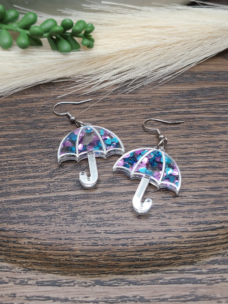 RAINY DAY CONFETTI Umbrella Earrings Cute Weather Earrings Whimsical Colorful Acrylic Earrings Mothers Day or Birthday Gifts Silver/Purple