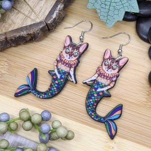 TABBY CAT MERMAID Earrings Weird Cat Earrings For Cat Mom Best Friend Gift Quirky Cat Mermaid Acrylic Earrings Fun Earrings Cat Jewelry image 3