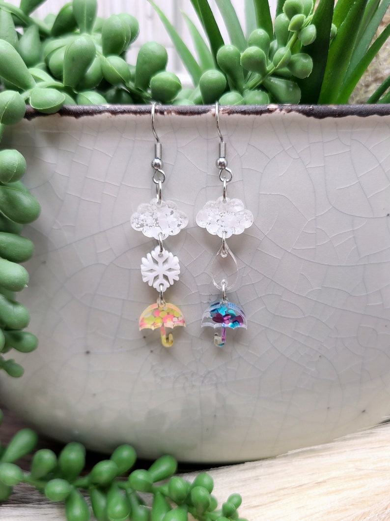 RAIN DROP CLOUD Earrings Whimsical Stacked Umbrella Earrings Colorful Dainty Spring Earrings Mismatched Weather Earrings Birthday Gifts image 2