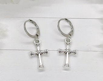 Boucles d'oreilles CROIX D'OBSIDIENNE NOIRE Boucles d'oreilles gothiques cool | Bijoux religieux de Pâques en cadeau pour maman | Boucles d'oreilles de Pâques spirituelles | Cadeaux pour elle