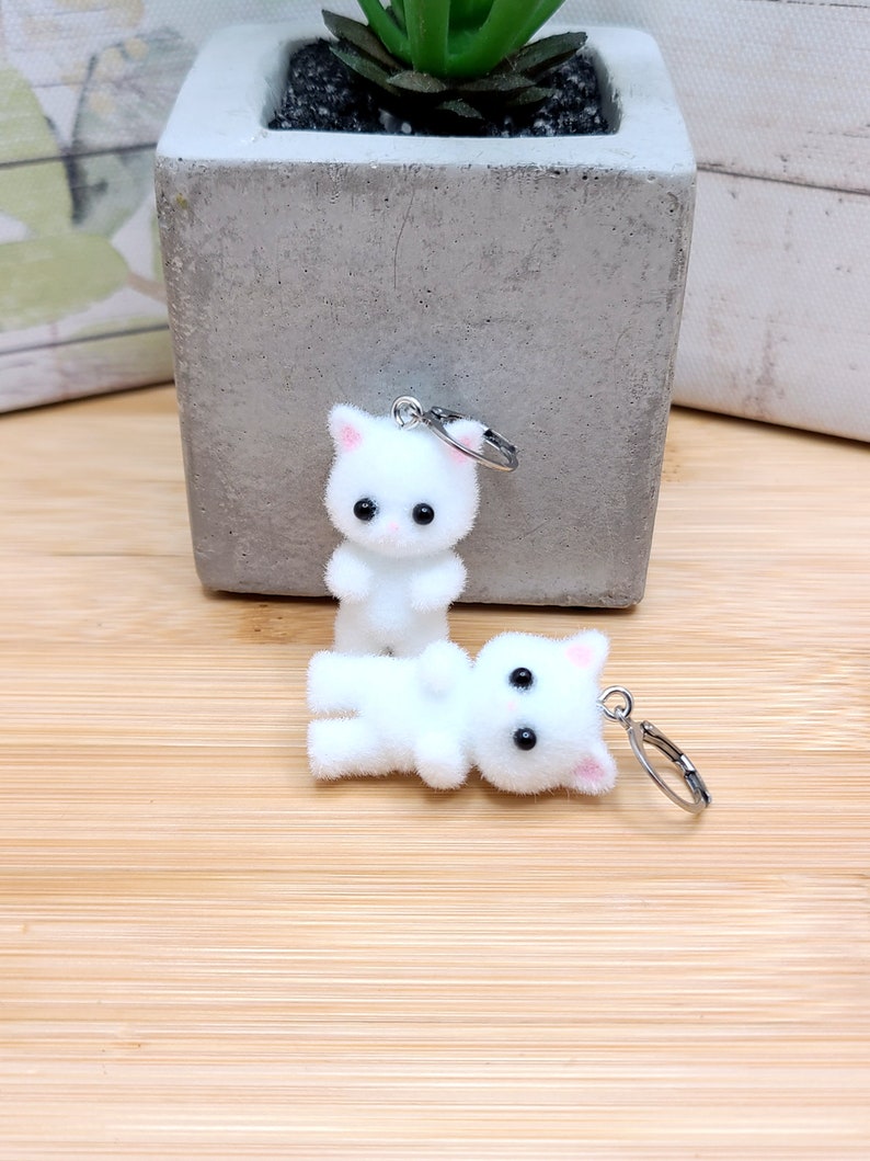 GREY CAT KAWAII Earrings Gifts Under 20 For Cat Lover Whimsical Flocked Mismatched Earrings Cat Mom Cat Jewelry Funky Cute Cat Earring image 7