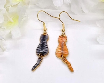Cat Dangle Earrings: Gray, Orange, or Black Tabby, Cat Mom Gift
