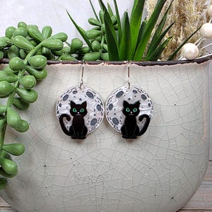 BLACK CAT MOON Earrings Cat Mom Gift | Funky Halloween Cat Earrings | Cool Whimsical Goth Earrings | Cat Lady Cat Themed Gifts | Cat Jewelry