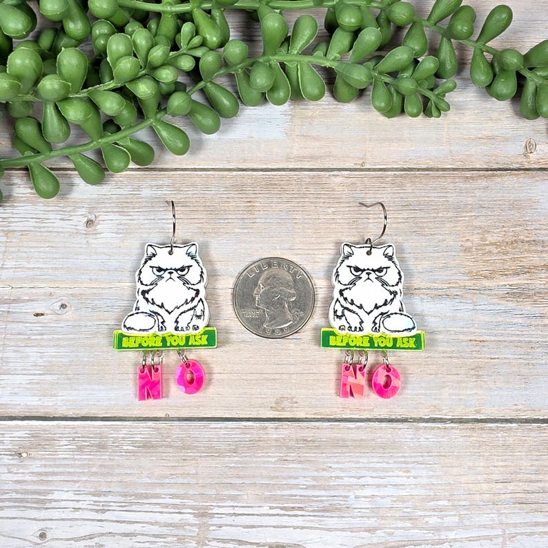 May include: A pair of dangle earrings featuring a grumpy white cat illustration with the text "BEFORE YOU ASK" on a green background. Below, the earrings spell out "NO" in pink letters.