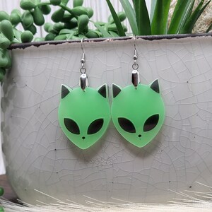 GLOW IN THE Dark Alien Cat Earrings Weird Acrylic Laser Cut Earrings Funky Ufo Space Earrings Quirky Halloween Earrings Cat Jewelry image 4