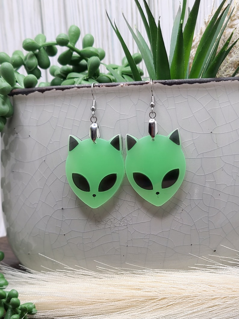 GLOW IN THE Dark Alien Cat Earrings Weird Acrylic Laser Cut Earrings Funky Ufo Space Earrings Quirky Halloween Earrings Cat Jewelry image 4