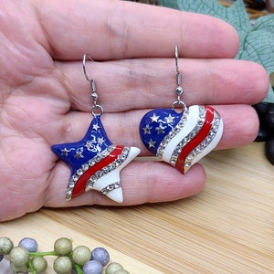 RED WHITE AND Blue Patriotic Earrings Heart or Star American Flag Earrings Colorful Memorial Day Earrings 4th Of July Fun Earrings image 2