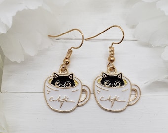 COFFEE CUP CAT Earrings Coffee Lover Gift | Fun Cat Dangle Earrings for Mom Gift | Whimsical Cat Shaped Easter Earrings | Cat Jewelry