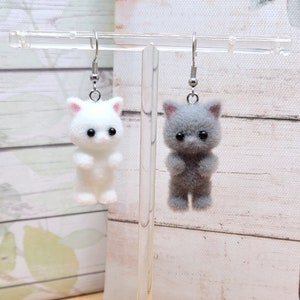 GREY CAT KAWAII Earrings Gifts Under 20 For Cat Lover Whimsical Flocked Mismatched Earrings Cat Mom Cat Jewelry Funky Cute Cat Earring image 2