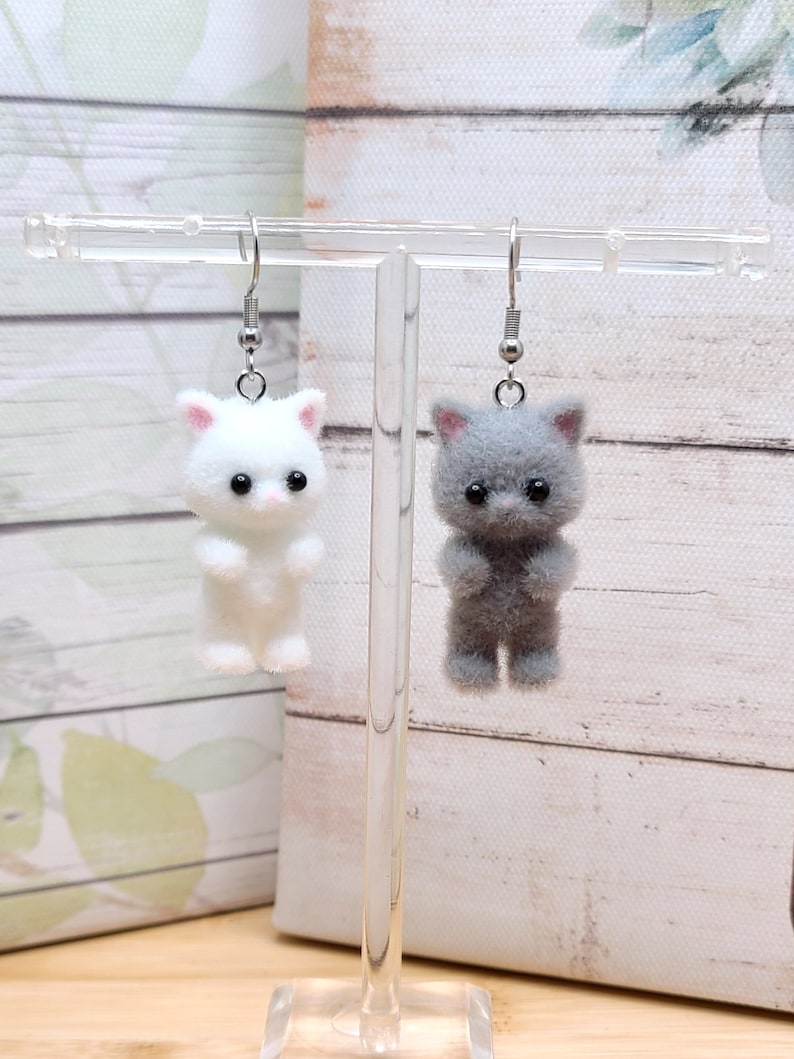 GREY CAT KAWAII Earrings Gifts Under 20 For Cat Lover Whimsical Flocked Mismatched Earrings Cat Mom Cat Jewelry Funky Cute Cat Earring image 2