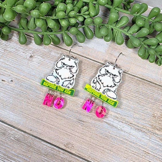 Holographic Grumpy Cat Acrylic Earrings: Funny Statement Jewelry