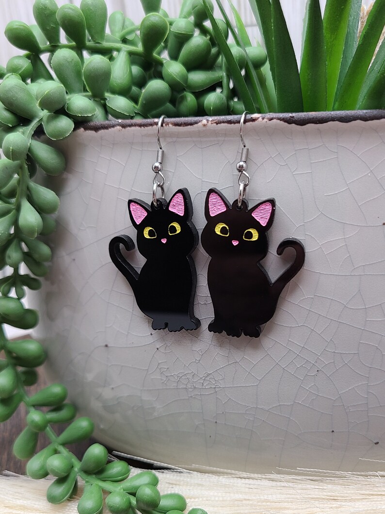 BLACK CAT ACRYLIC Earrings Cat Mom Cat Jewelry Handmade Laser Cut Cat Earrings Cat Themed Cat Lover Birthday Gifts Cute Cool Earrings image 5