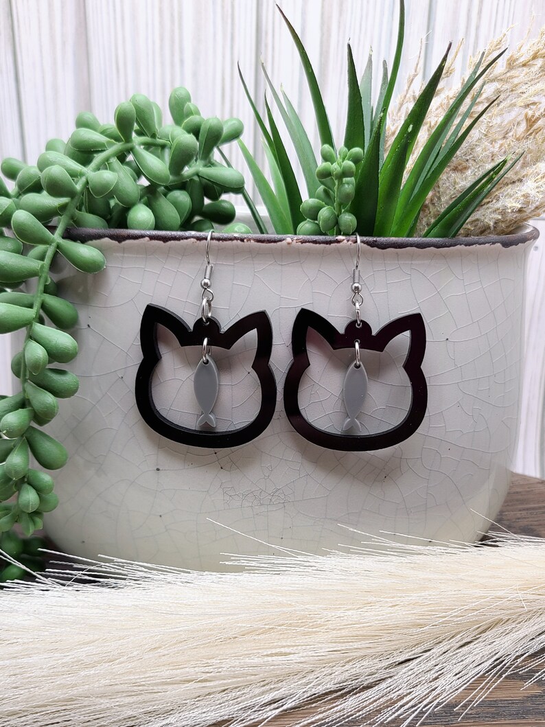 CUTE CAT FISH Earrings Cat Jewelry Kawaii Black Cat Earrings Quirky Acrylic Laser Cut Earrings Cat Themed Gifts For Daughter image 4