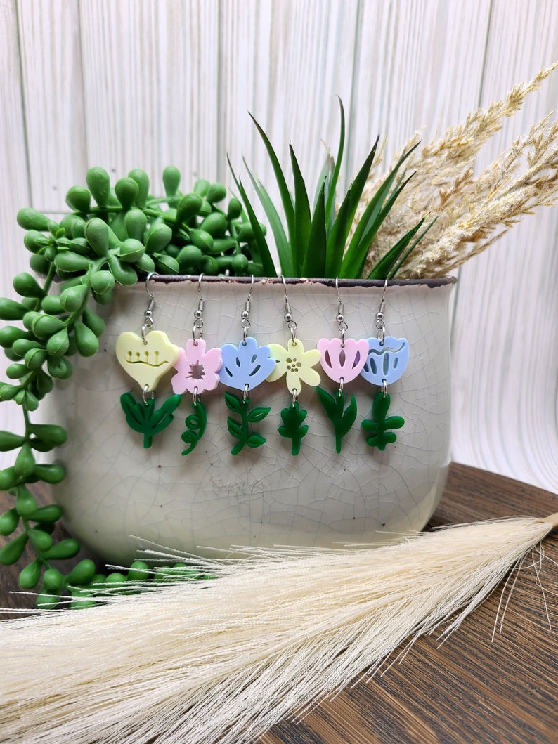ACRYLIC FLOWER SPRING Earrings Whimsical Flower Earrings Mothers Day Gift For Mom Colorful Laser Cut Floral Earrings Handmade Jewelry image 1