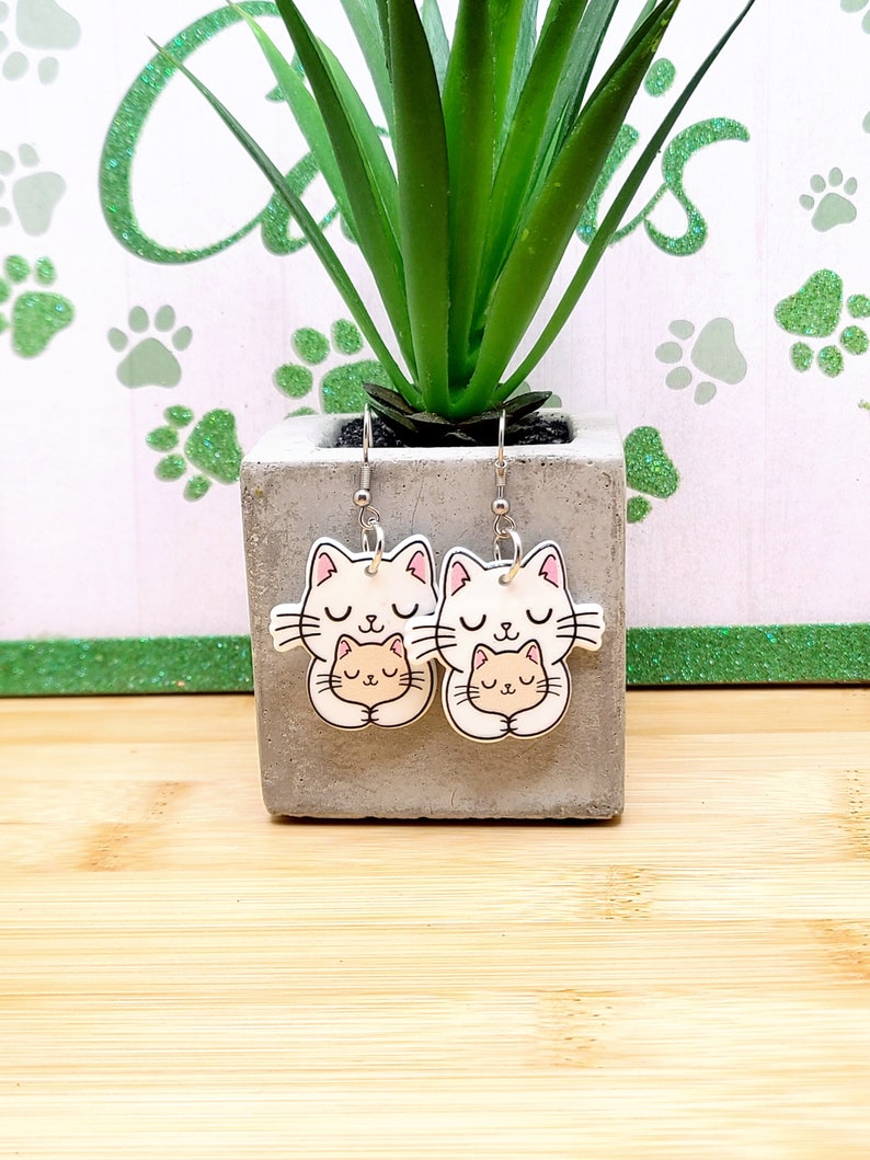 CAT MOM ACRYLIC Earrings Cat Lover Gift For Mom Cute Whimsical Cat Earrings Mothers Day Cat Themed Gifts Cat Jewelry Cool Earrings image 1