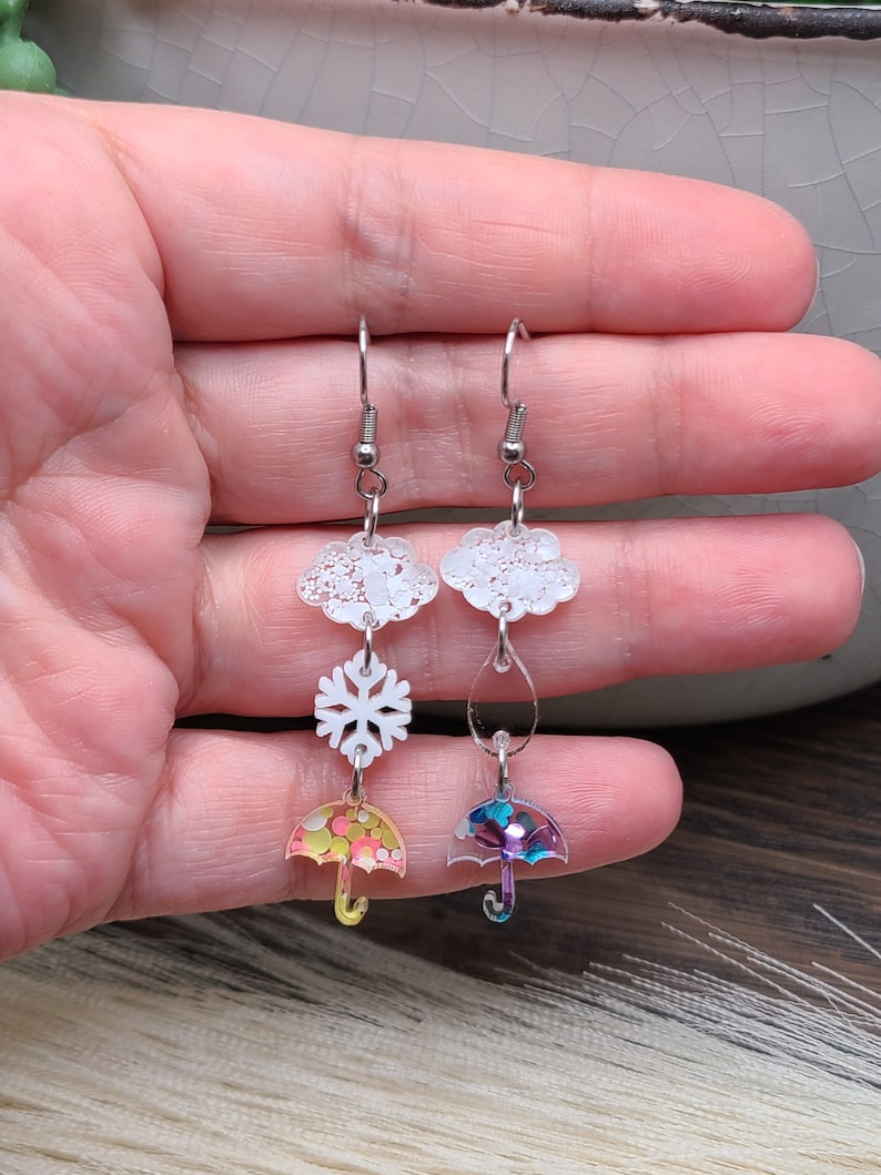 RAIN DROP CLOUD Earrings Whimsical Stacked Umbrella Earrings Colorful Dainty Spring Earrings Mismatched Weather Earrings Birthday Gifts image 5